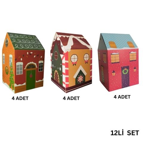 12 Li Yılbaşı Ev Tasarımlı (3 Farklı desen) Çatılı Kutu Çanta
