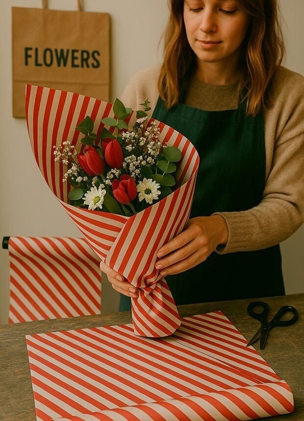 10 lu Beyaz Kırmızı (Verev çizgili) Hediye Paketi / Buket Kağıdı