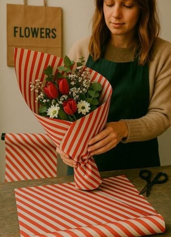 10 lu Beyaz Kırmızı (Verev çizgili) Hediye Paketi / Buket Kağıdı