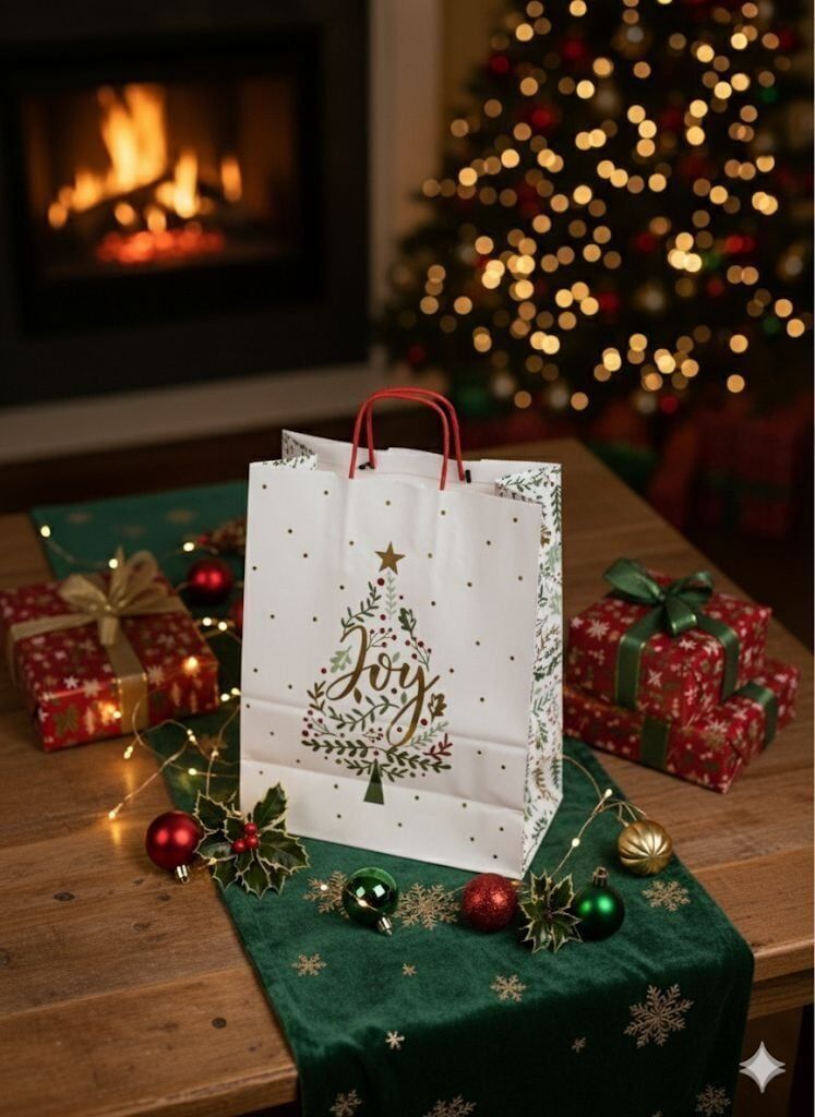 25 Li 25x31 cm Büküm saplı Yılbaşı Ağaçlı Kağıt Çanta-Poşet