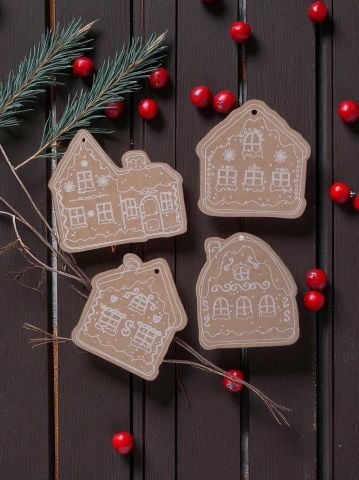 Yılbaşı, Gingerbread Ev Tasarımlı Hediye Etiket  Kraft Delikli Tebrik Kartı Seti