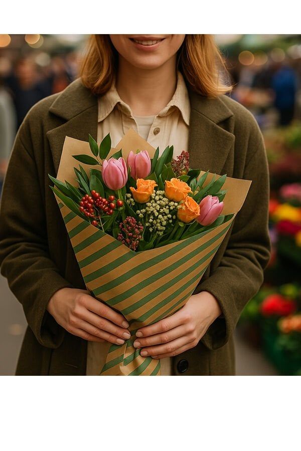 10 lu Kraft Yeşil (Verev çizgili) Hediye Paketi / Buket Kağıdı