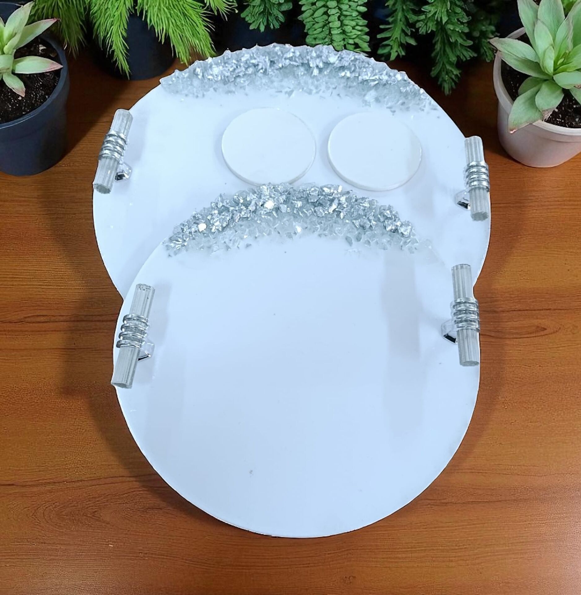 Kumlu yuvarlak polyester  tepsi seti