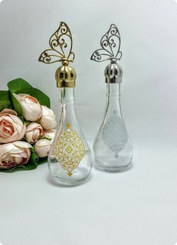 12 li Metal Kelebek Tepelikli Kilim Desenli İksir Cam Kolonya Şişesi