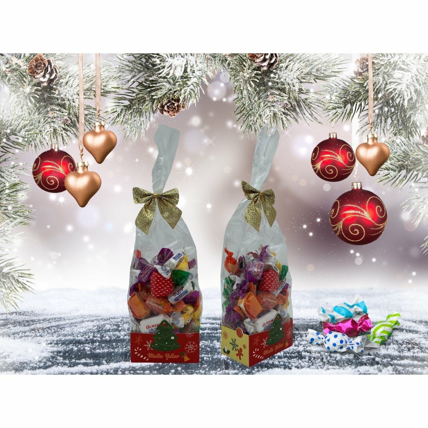 12 Li Şeffaf Opp Jelatin Ve Simli Altın Fiyonklu Şekerleme Kutusu, Yılbaşı Temalı Hediye Kutu