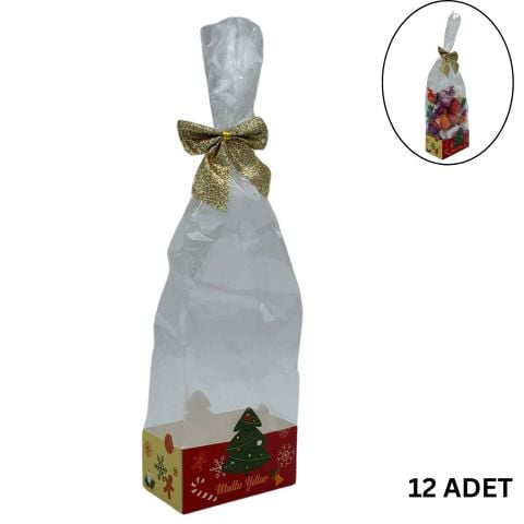 12 Li Şeffaf Opp Jelatin Ve Simli Altın Fiyonklu Şekerleme Kutusu, Yılbaşı Temalı Hediye Kutu