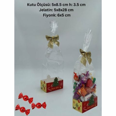 12 Li Şeffaf Opp Jelatin Ve Simli Altın Fiyonklu Şekerleme Kutusu, Yılbaşı Temalı Hediye Kutu