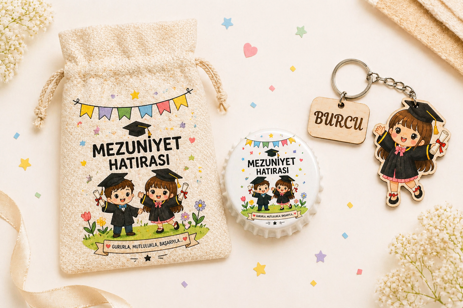 20 li Set Mezuniyet kese & anahtarlık & açacak  hediyelik