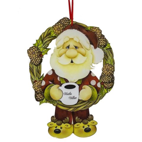Çelenkli Mutlu Yıllar Noel Baba Ahşap Kapı Süsü (45x31cm)