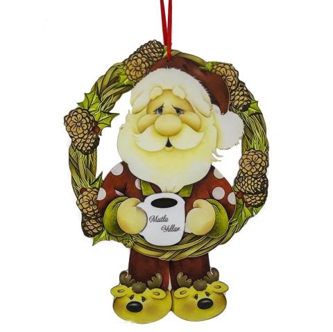 Çelenkli Mutlu Yıllar Noel Baba Ahşap Kapı Süsü (45x31cm)