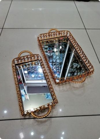2 li metal çiçek işlemeli tepsi seti