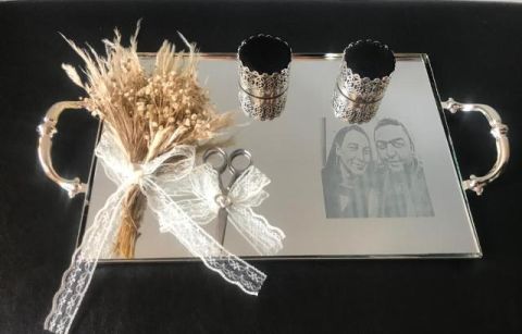 Resimli Süslü Metal Aynalı Tepsi