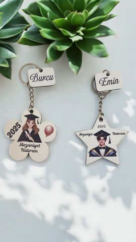 Mezuniyete özel Ahşap papatya & yıldız anahtarlık