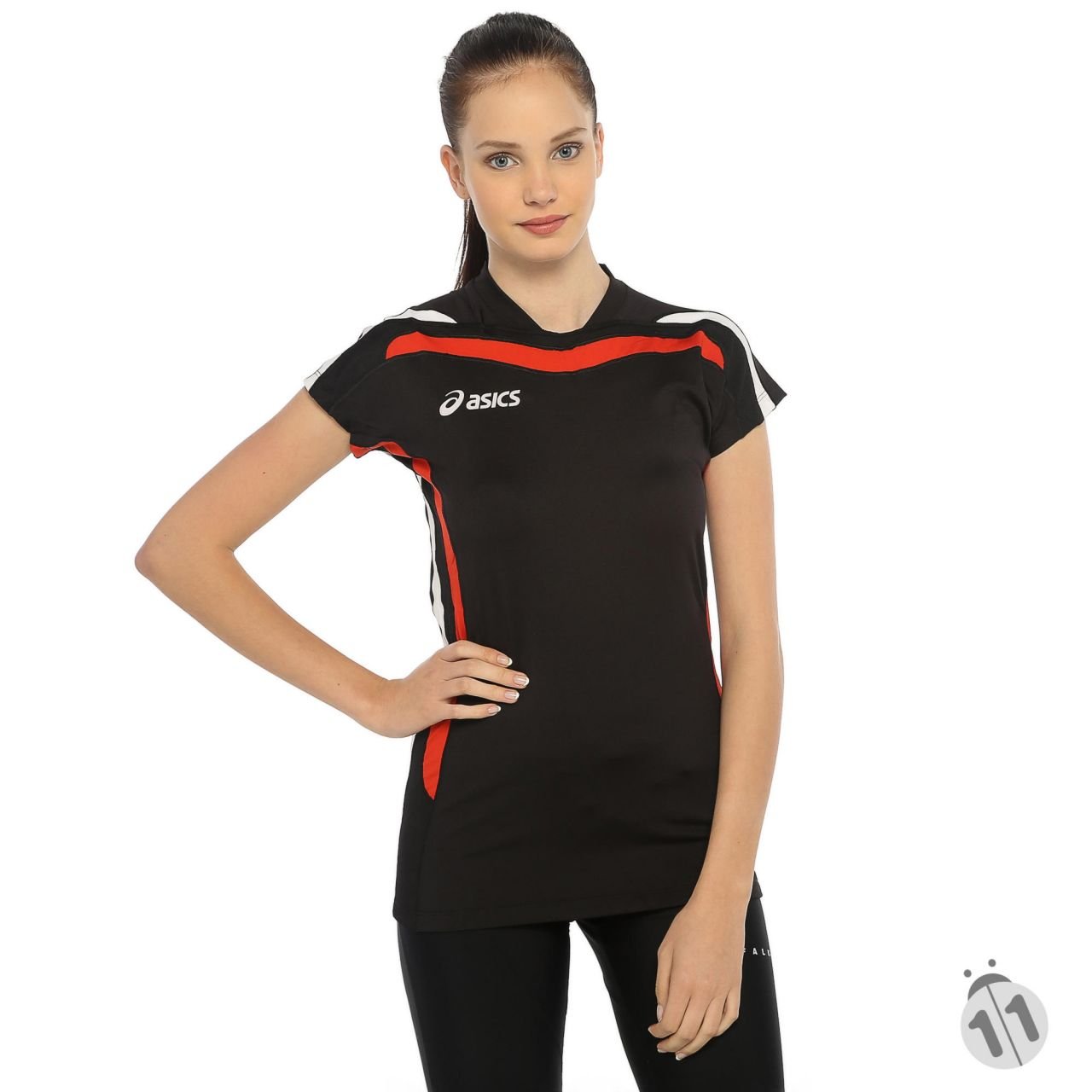 Asics DuoTech Performans DryActive Bayan Siyah Kırmızı Şeritli Kısa Kollu Sporcu Body