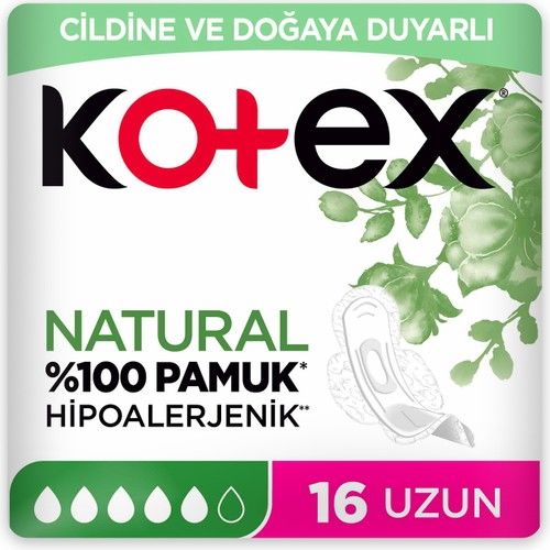 Kotex Natural Hijyenik Ped %100 Pamuk Hipoalerjenik Uzun 16'lı