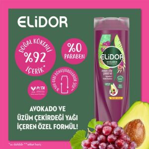 Elidor Doğanın Enerjisi Saç Bakım Şampuanı Avokado ve Üzüm Çekirdeği Yağı Güçlendirici & Parlaklık Kazandırıcı 400 ml