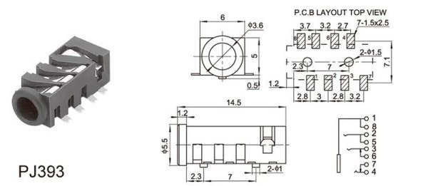 PJ393 3.5mm SMD Stereo Kulaklık ve Hoparlör Jak Soketi (8 Pin)