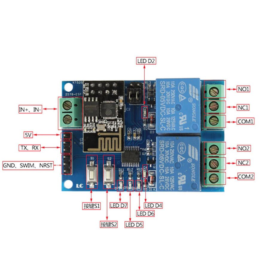 Esp8266 2 Kanal 5V Esp01 Wifi Röle Modülü