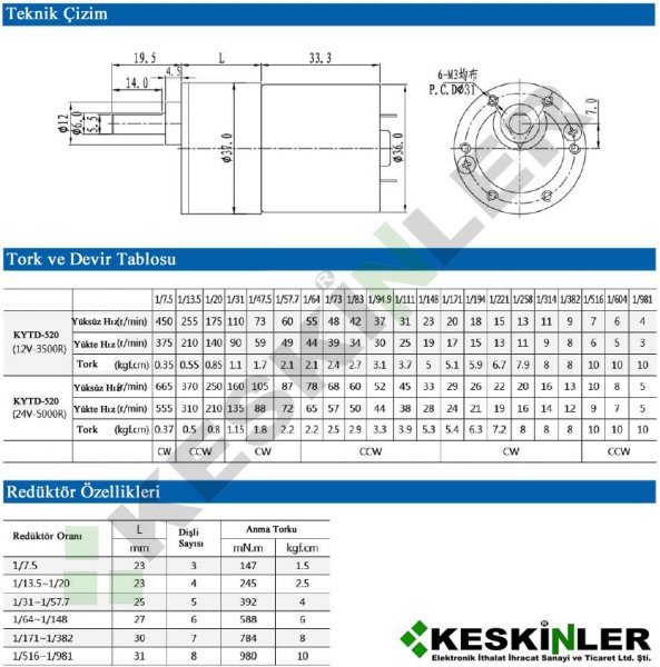 12V 200RPM 37mm Redüktörlü DC Motor