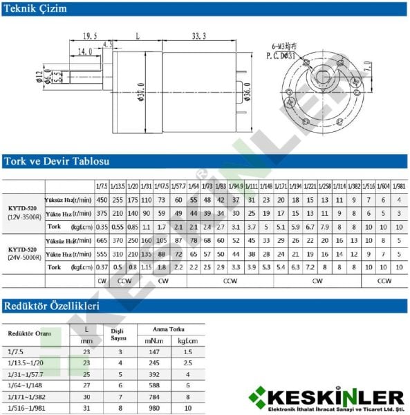 12V 10RPM 42mm Redüktörlü DC Motor