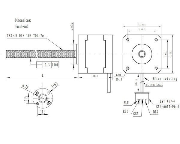 Nema 17 200 Adım 4Pin Step Motor 42×38mm 18cm Vidalı H/Bi 1.8C 3,7kg-cm 1.7A 2.8V