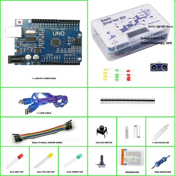 Arduino Uno Başlangıç Kiti Eğitim Seti (Kutulu-Kitapçıklı)