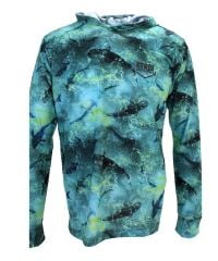 Stafu .99 Erkek Kapüşonlu, Uzun Kollu, Ultra Hafif Balıkçı Yelkenci Köpekbalığı Desenli Lime UV Korumalı Tişört