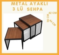 Moleno Viola Metal Ayaklı Ahşap Kaplama  3 'lü Zigon Sehpa - Barok