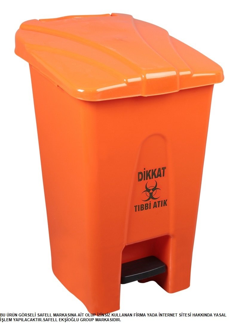 Safell Pedallı Tıbbi Atık Çöp Kovası 70 Lt - Tekerlekli - Tıbbi Atık Çöp Konteyneri - Turuncu