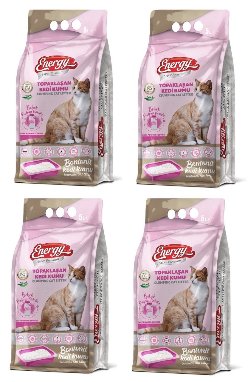 Energy Bentonit Kedi Kumu Bebek Pudrası Kokulu - 5 Lt * 4 Paket