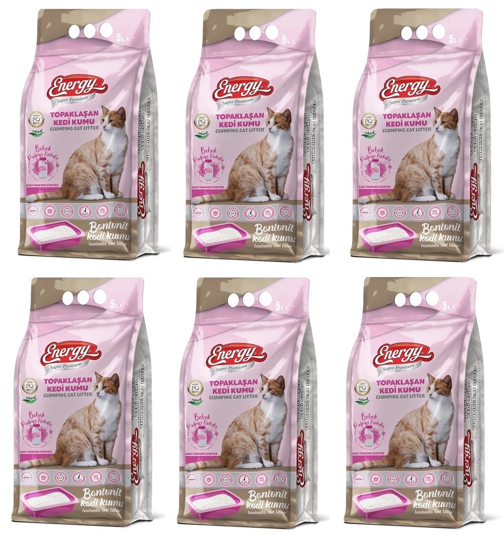 Energy Bentonit Kedi Kumu Bebek Pudrası Kokulu - 5 Lt * 6 Paket