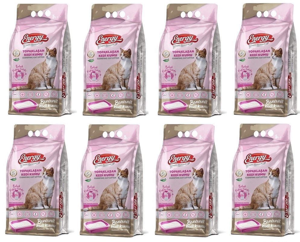 Energy Bentonit Kedi Kumu Bebek Pudrası Kokulu - 5 Lt * 8 Paket