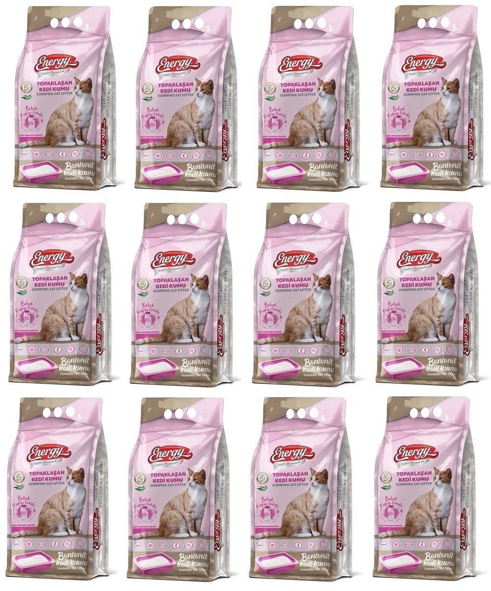 Energy Bentonit Kedi Kumu Bebek Pudrası Kokulu - 5 Lt * 12 Paket