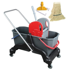 Safell Çift Kovalı Temizlik Arabası - Temizlik Seti Mop ve Aparatı - 3 Parça Paspas Arabası - 25 Litre - Siyah