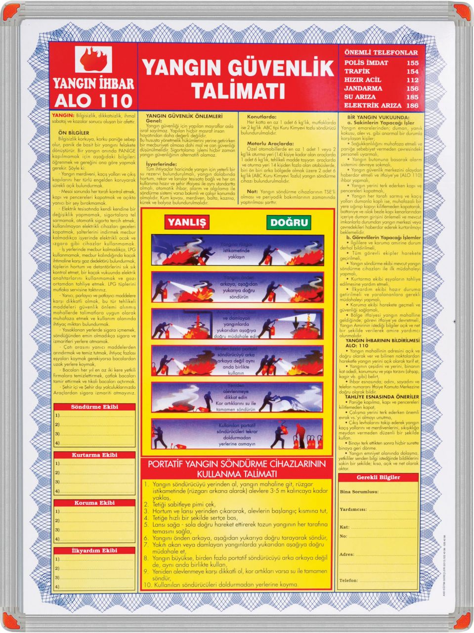 Alüminyum Çerçeve Yangın Talimat 50*70ı