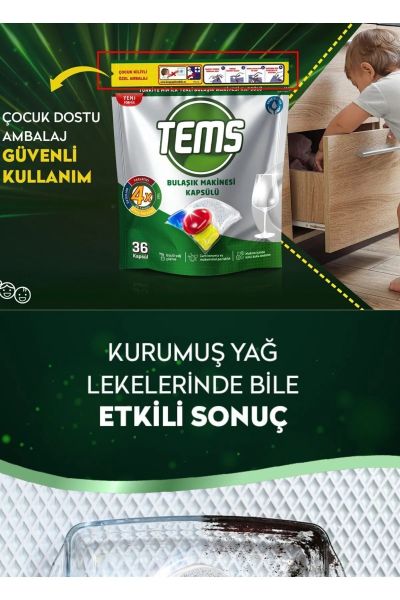 TEMS 4 Etkili Bulaşık Makinesi Kapsül Deterjanı 36'lı Yerli Ürün Anti Malodor Teknolojisi %100 Türk Malı