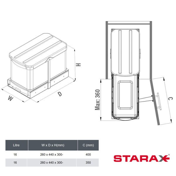 STARAX TELESKOPİK RAYLI PASLANMAZ ÇÖP KOVASI 16 LT.GRİ