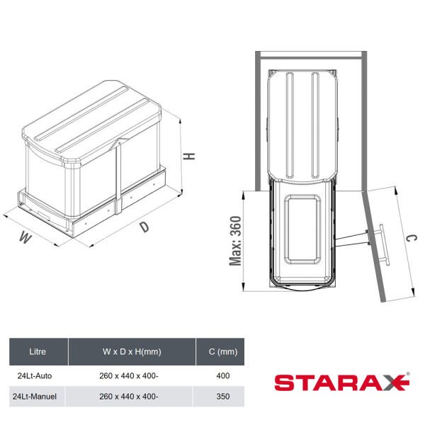 STARAX TELESKOPİK RAYLI PLASTİK GÖVDE ÇÖP KOVASI 24 LT GRİ