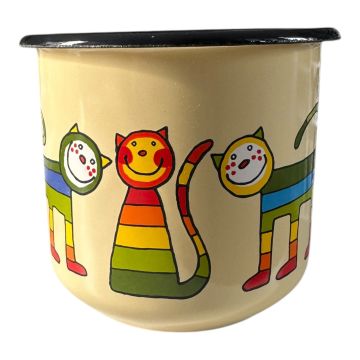 Emaye Konik Bardak-Krem Enine Çizgili Kedi