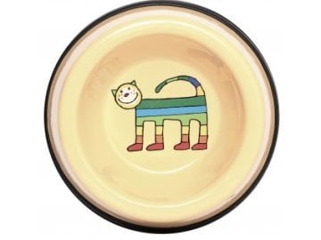 Emaye Küçük Kedi Mama Kabı-Sarı Enine Çizgili Kedi