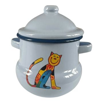 Emaye Kulplu Kavanoz- Mavi Kedi