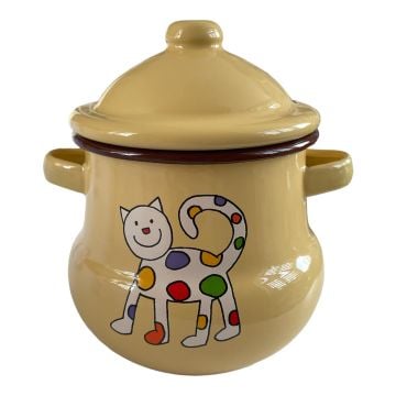 Emaye Kulplu Kavanoz-Sarı Minik Benekli Kedi