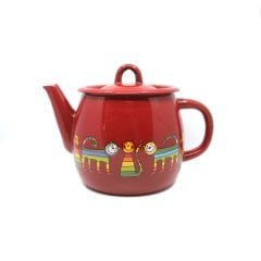 Emaye Çay Demliği  Yuvarlak-Kırmızı Enine Çizgili Kedi