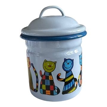 Emaye Yeni Kavanoz-Mavi Kareli Kedi