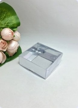 50 li 8x8x3 cm (Gümüş) Altı Karton Asetat Kapaklı Kutu