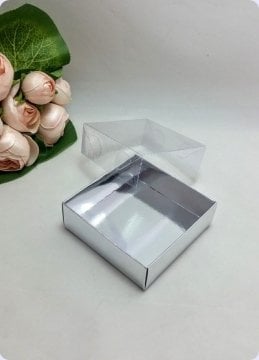 50 li 8x8x3 cm (Gümüş) Altı Karton Asetat Kapaklı Kutu