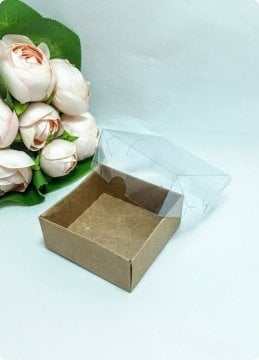 50 li 6x6x3 cm Kraft Altı Karton, Üstü Asetat/Şeffaf Kapaklı Kutu