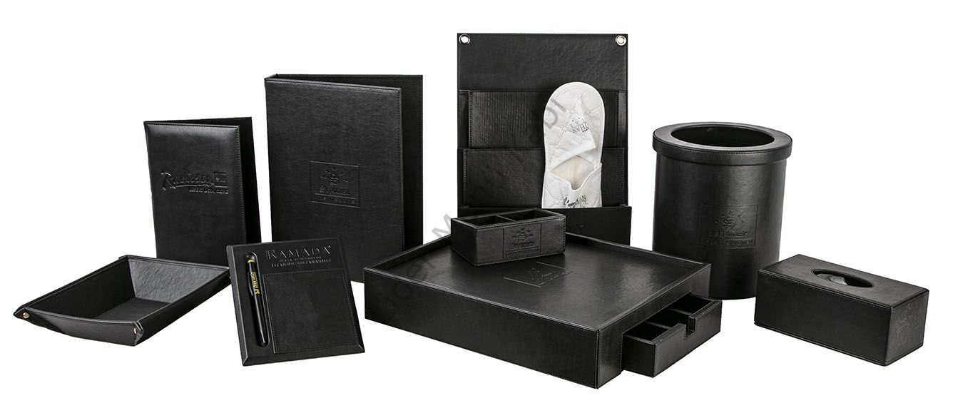 Deri Otel Ekipman Seti Gofre Baskılı - Leather Hotel Equipment Set Seersucker Printed