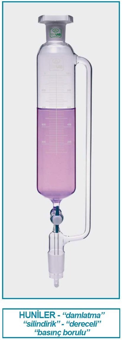 İsolab damlatma hunisi - cam - silindirik - basınç borulu - dereceli - PTFE musluklu (1 adet)