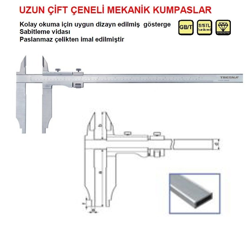 Uzun Çift Çene Mekanik Kumpas 24in600/100/0.05mm